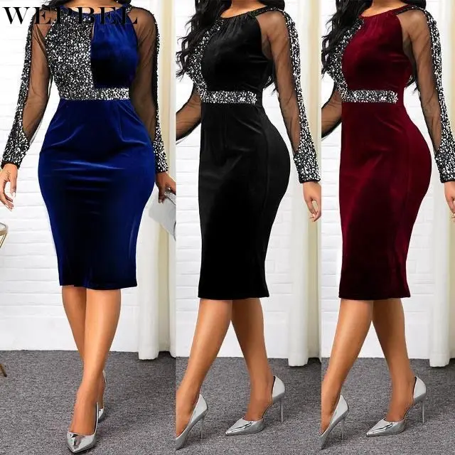 

WEPBEL Dress Women's Sexy Sequin Stitching Mesh Dress Summer Elegance Long Sleeve O-Neck High Waist Pencil Dress