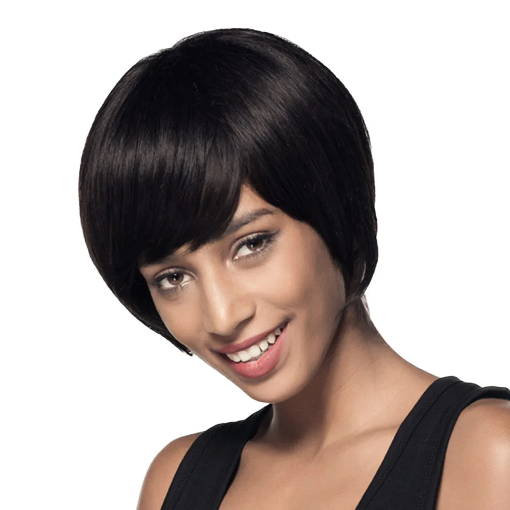 

Fashion Short Straight Wig Human Hair Full Head Wigs Oblique Bangs Safe