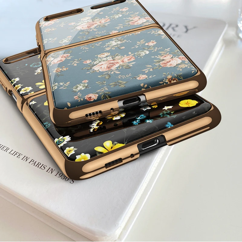 

Retro Floral Glass Case For Samsung Galaxy Z Flip Cover Luxury Electroplate Frame Hard PC Protective Cover For Z Flip 5G