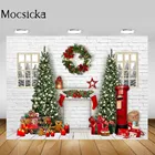 Mocsicka белая кирпичная стена фото фоны окно сосновая елка рождественский венок фото фон для фотостудии Рождественский Декор