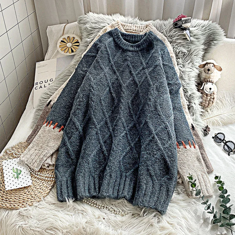 

Twisted Knitted Women Sweater And Pullovers Winter New Thicken Warm O-Neck Patchwork Long-Sleeved Casual Female Pulls Tops