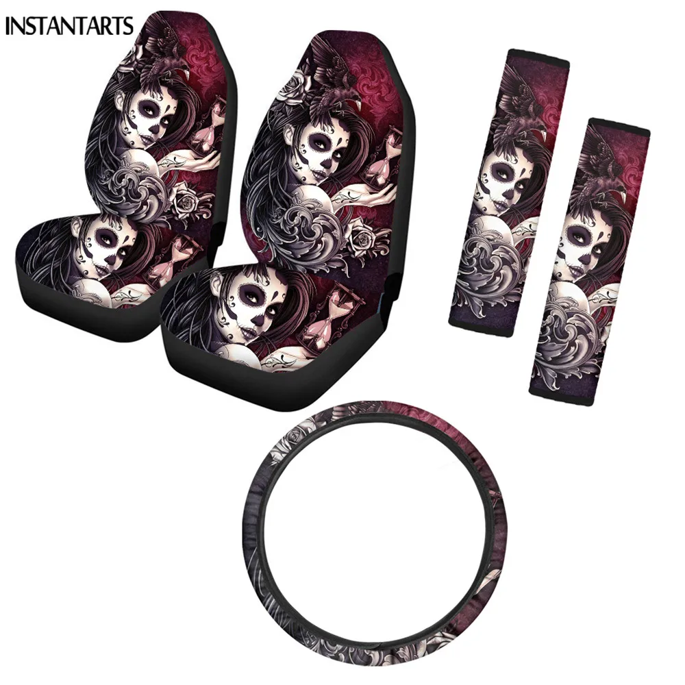 

INSTANTARTS 5pcs Car Seat Cushion Sugar Skull Girls Pattern Washable Steering Wheel Protection Comfortable Seatbelt Covers Hot