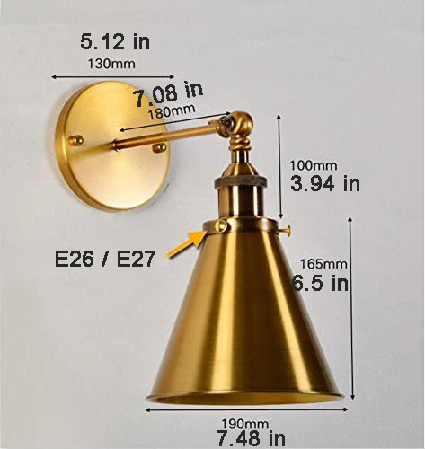 Золотистое классическое настенное бра с заглушкой коническая лампа медным