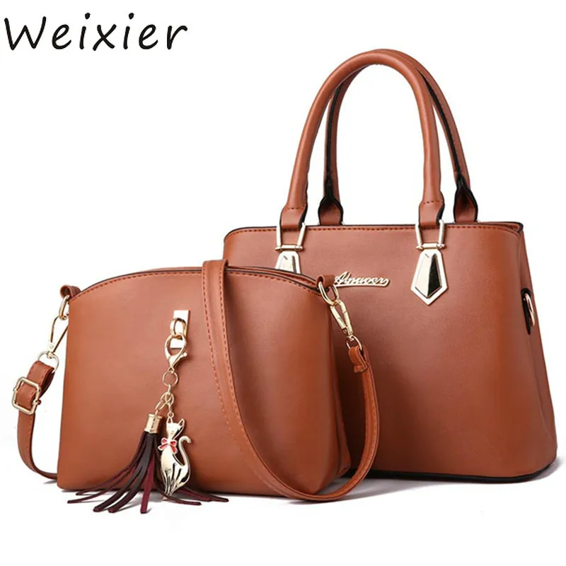 WEIXIER New Luxury Women Bag 2 Pieces Set solid bag Fashion Shoulder Messenger PU Leather Composite V1-71 | Багаж и сумки