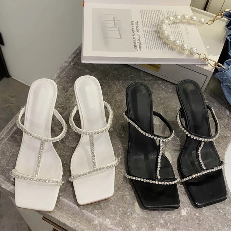 

2020 Summer Fashion Sexy Woman Slipper Shoe Female Square Toe Open Toe Sandals Ladies High Heels Bling Casual Solid Sandals Shoe