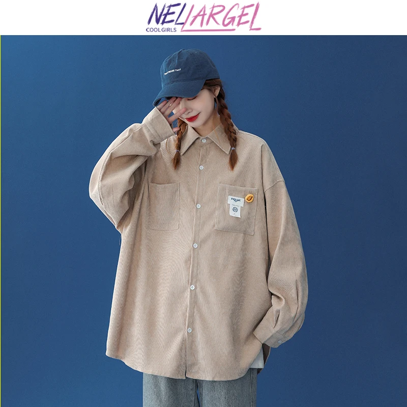 

NELLARGEL Women Corduroy Y2k Korean Fashion Blouse 2022 Female Japanese Streetwear Long Sleeve Shirts Girl Vintage Baggy Blouse