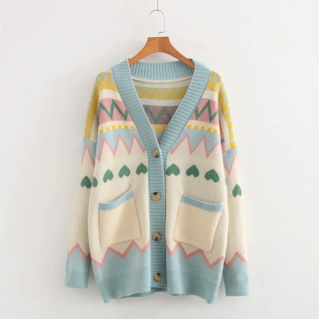 

2020 Autumn and Winter Women Cardigans New Korean Version of Diamond-shaped Knit Love Jacquard Wide Loose Sweater Coat Women