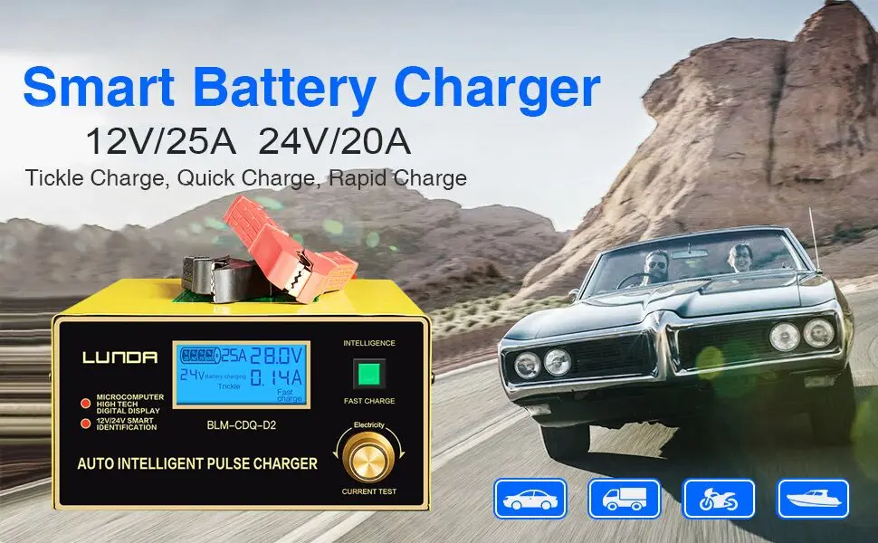 Английский ЖК-дисплей 600W 25A умный автоматический 12 V/24 V автомобиль хранения Батарея Зарядное устройство 200AH интеллигентая(ый) ремонт импульса для свинцово-кислотных батарей