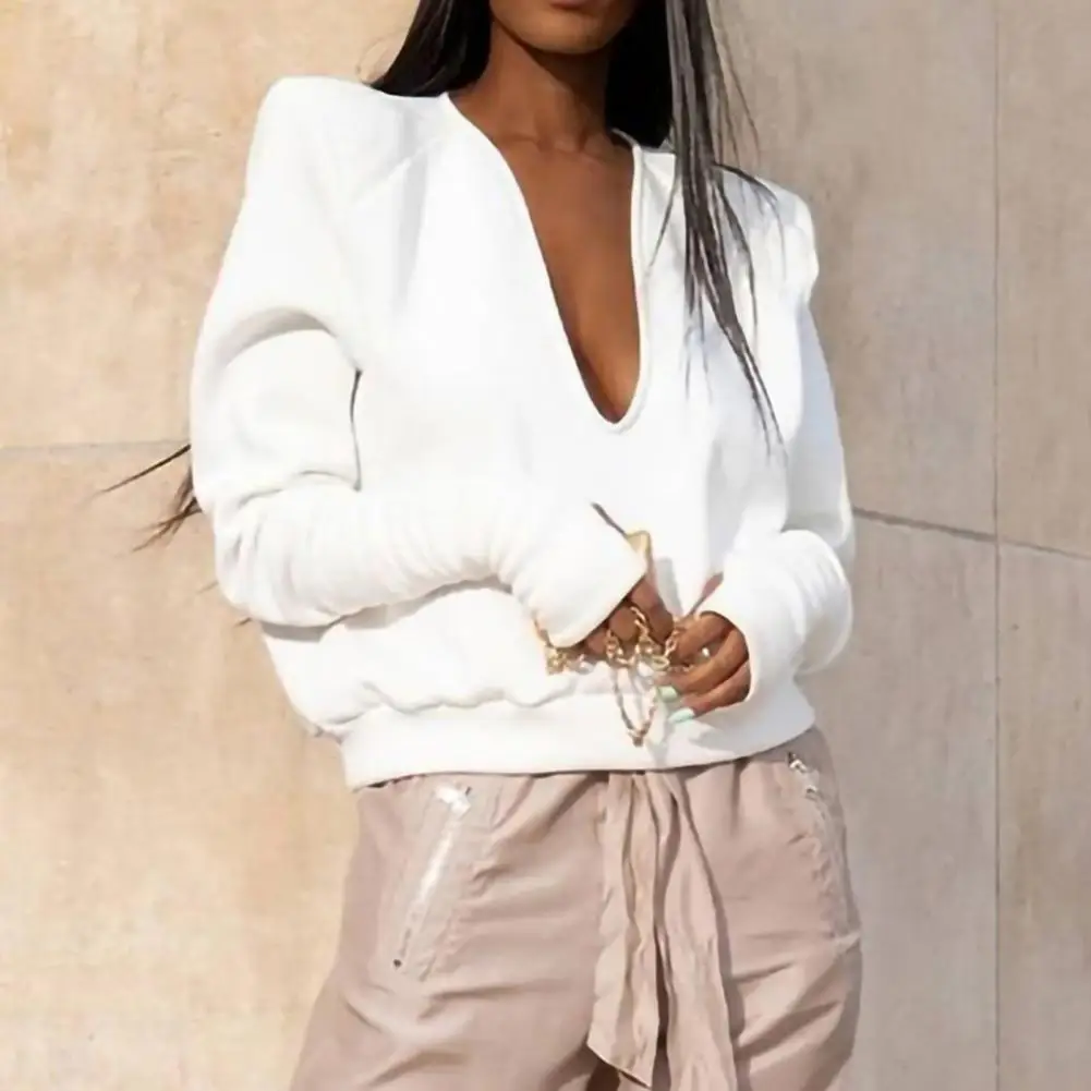 

Super Long Sleeve Women Blouse Solid Color Autumn Winter Deep V-Neck Shoulder Pads Casual Blouse Streetwear Casual Women's Tops