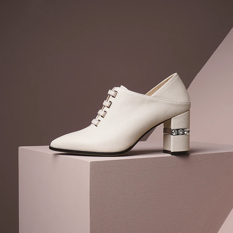 

ISNOM Women Pumps Mules Shoes Woman Genuine Leather Cross Tie Thick High Heels Shoes Pointed toe Ladies Pumps Zip Crystal