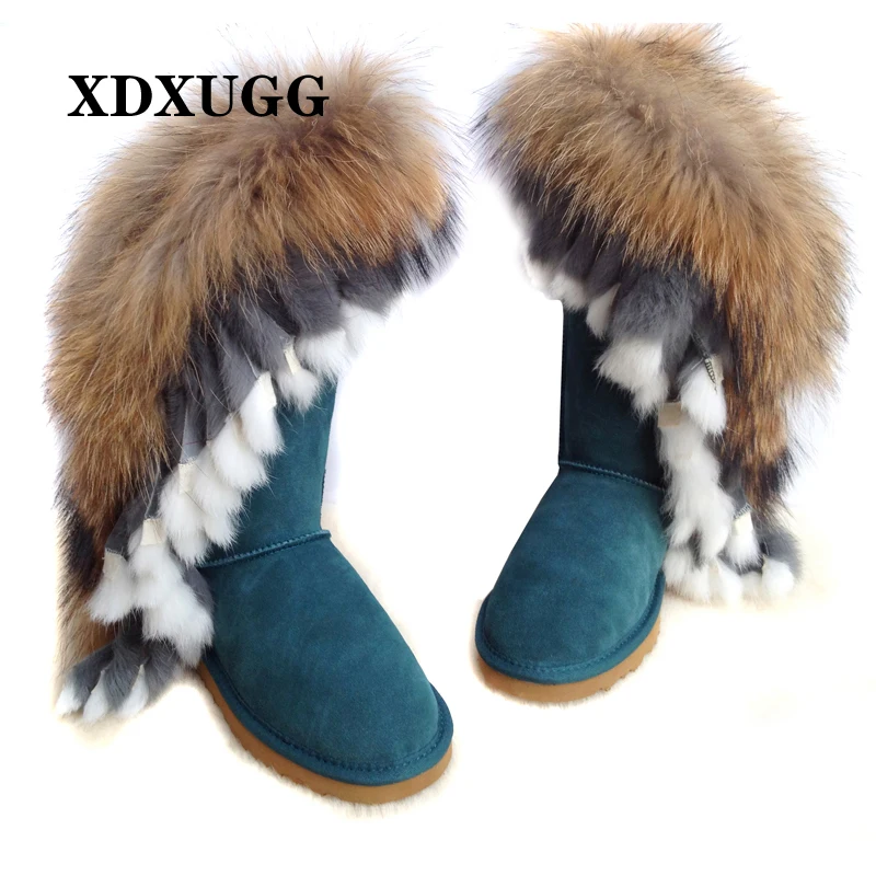 XDXUGGFashion женские сапоги до колена с лисьим мехом из коровьей замши кожаные зимние