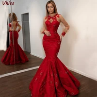 red long sleeves mermaid evening dresses 2020 sexy women formal party robe de soiree elegant satin lace vestidos long prom dress
