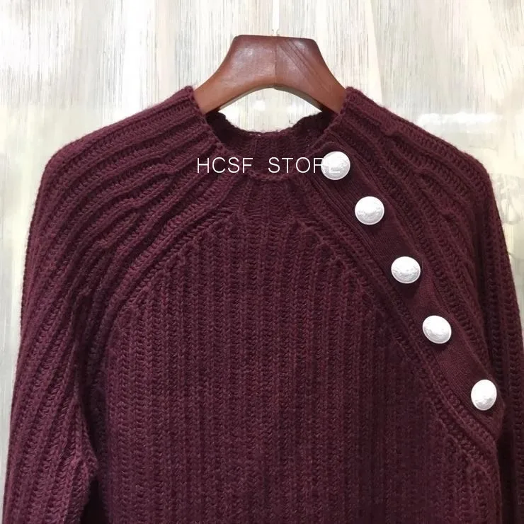 Women's Winter Sweater O-Neck Shoulder Buckle Long Sleeve 100% Cashmere Solid Color Jumper