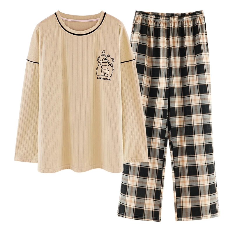 

Women Soft Cotton Home Wear Women's Long-sleeved Trousers Cute Two-piece Home Service Femme Long Sleeve Top + Pants