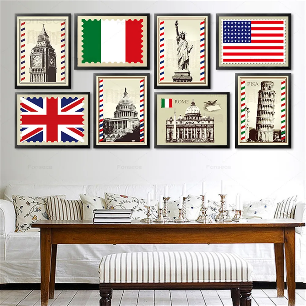 Постер на холсте в стиле ретро Европейское здание живопись итальянский флаг