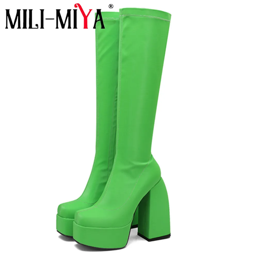 

MILI-MIYA New Brand Plus Size 34-43 Spring Autumn New Sexy Party Women Knee High Boots Chunky High Heels Platform Party Shoes