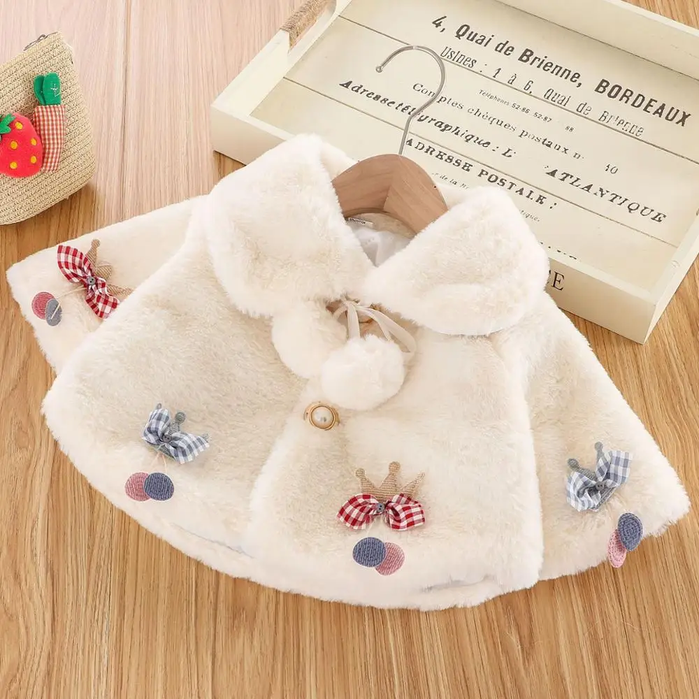 2020 Autumn Winter Baby Girls Faux Fur Fleece Plaid Bow Crown Cardigans Outerwear Princess Party Infant Kids Cloak Cape Coats |