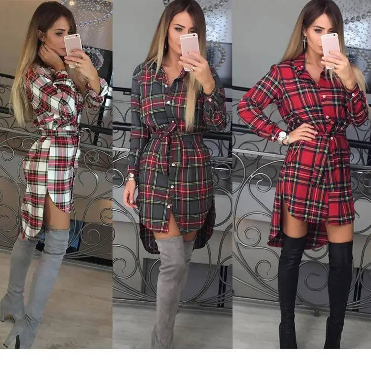 Женская мода отложной воротник длинный зимний осенний рукав Клетчатая