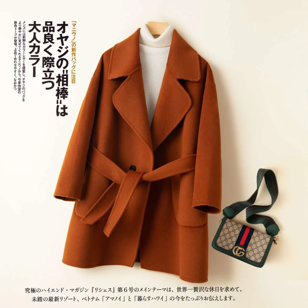 

Autumn and winter new double faced pure wool coat women Hepburn loose medium length high end fashion lace up woolen coat