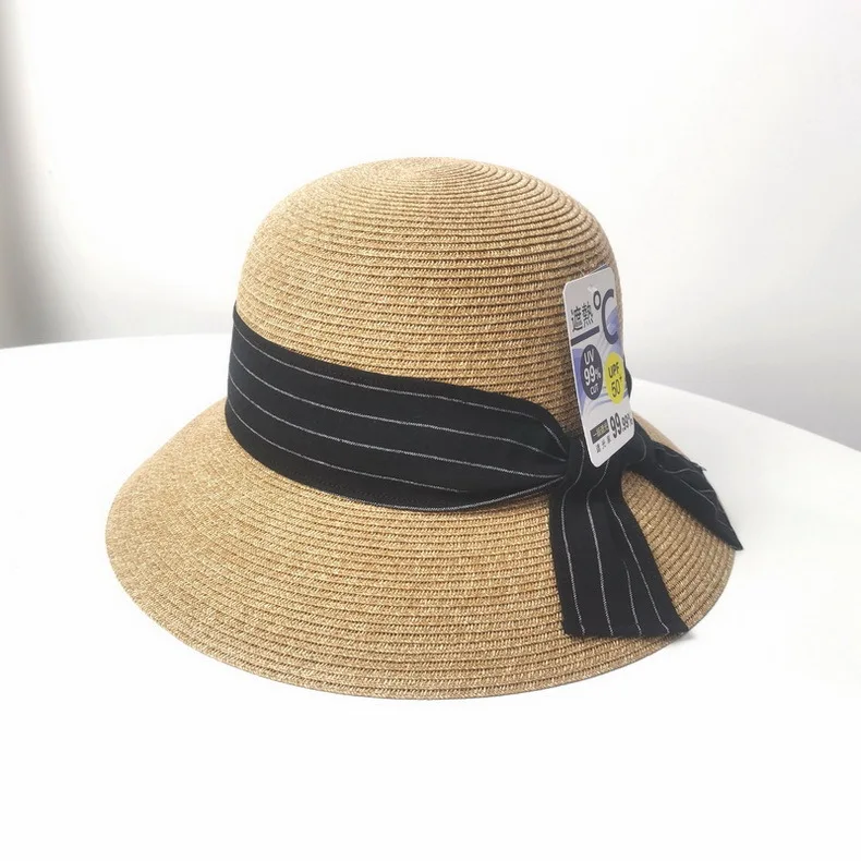 

2021 new female straw hat summer air permeable bucket hat light and thin sunshade hat collapsible sunblock hat