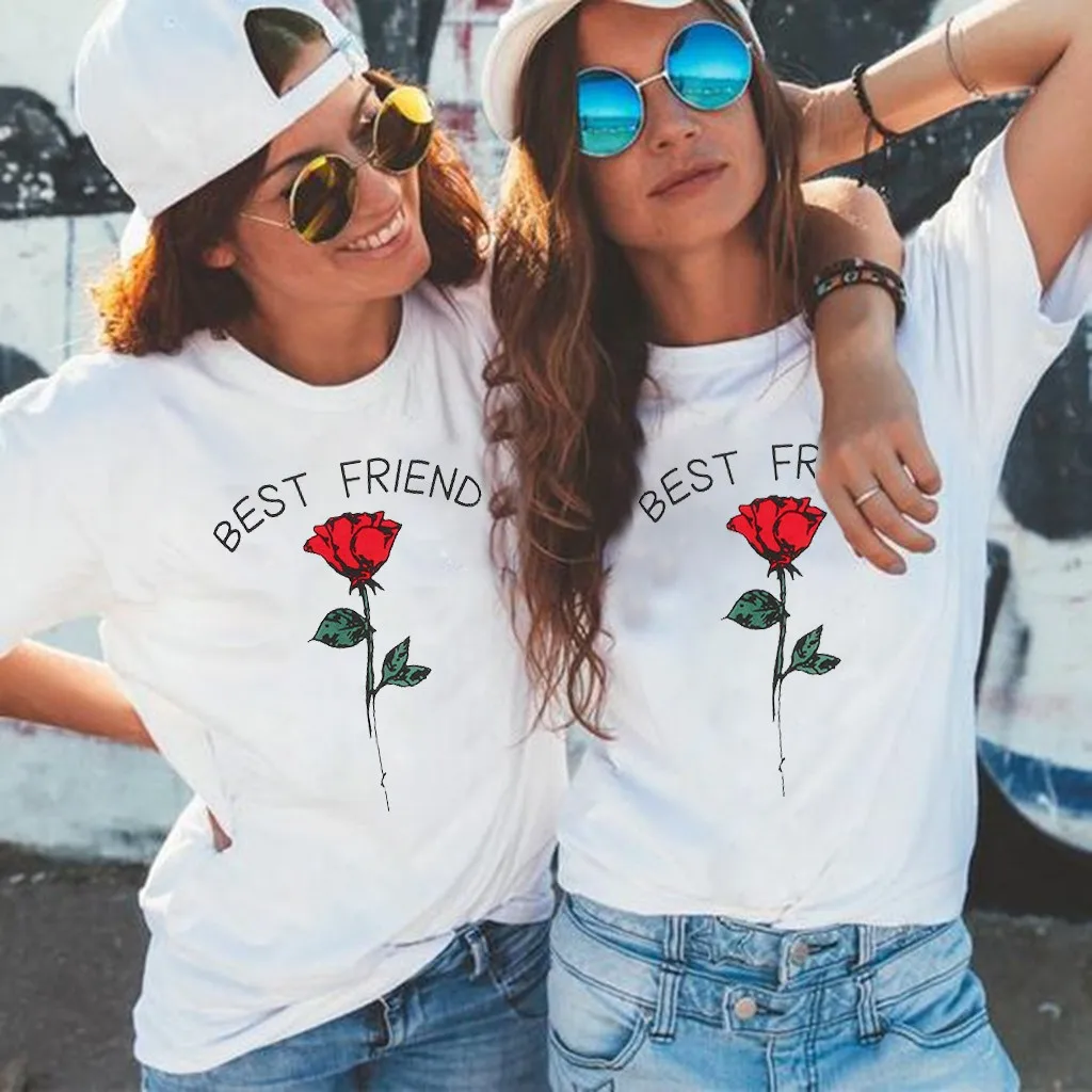 Женские футболки с надписью Best Friend и принтом розы повседневные топы летняя