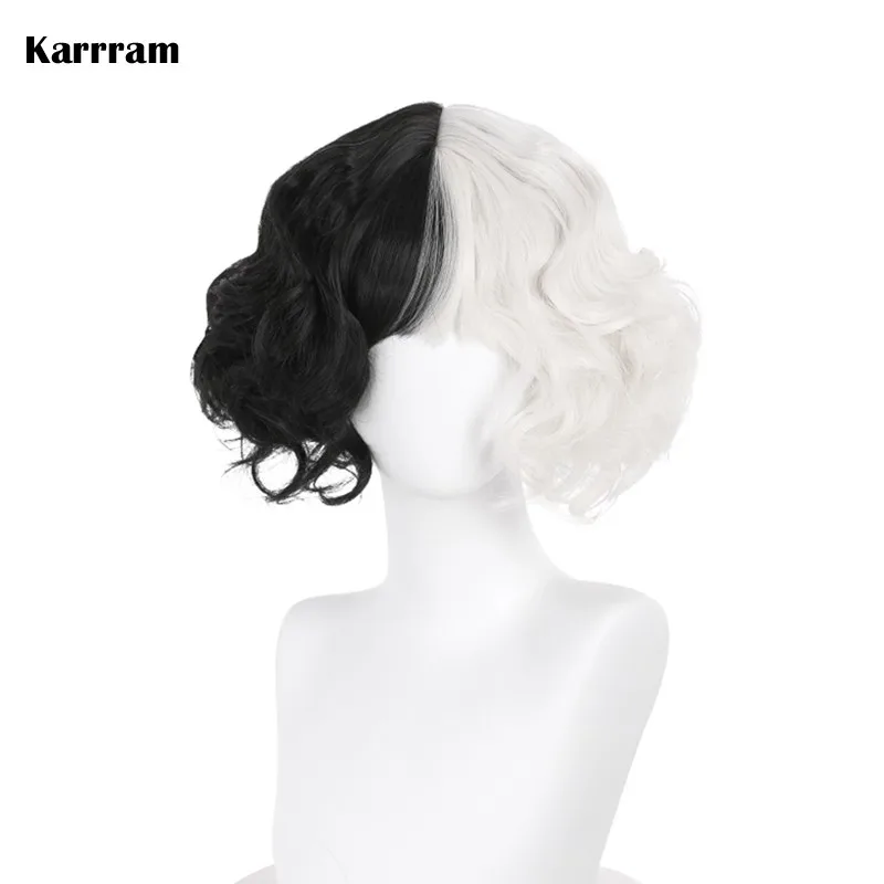 

Cruella De Vil Cosplay Wig Short Curly Black White Ms. Spot Hair Deville Dalmations Heat Resistant Cosplay Wigs + Wig Cap