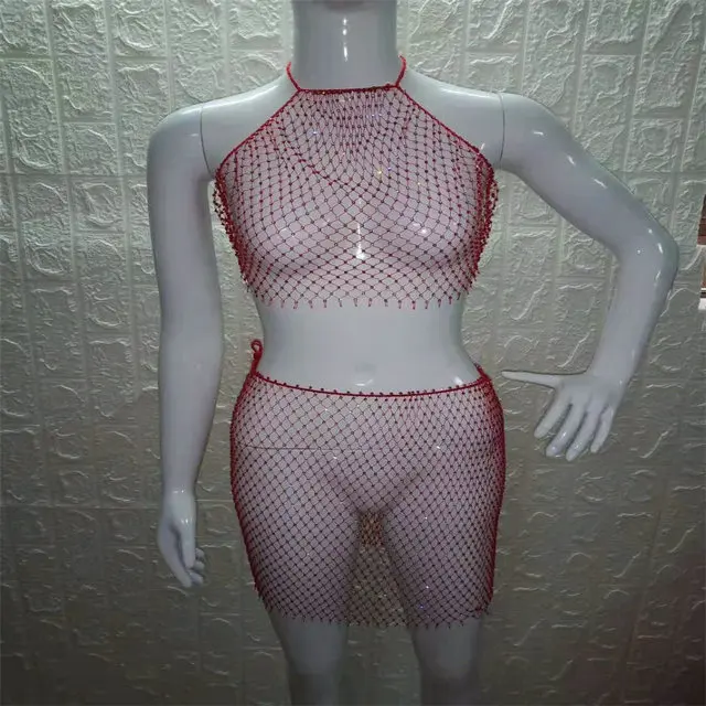 as PARAKINI Sparkly Crystal Diamonds Bikini Beach Women Dress Beach Cover Up Dresses Fishnet Cropped Top Two Pieces Set Beach Dress - Color: as