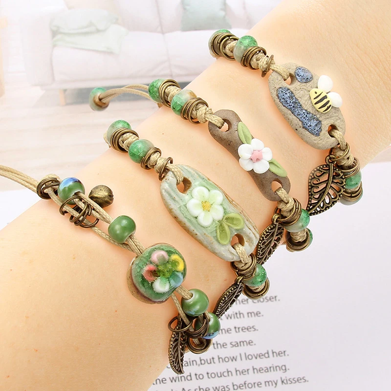 

Retro Ethnic Style Bracelet Women's Flower Leaf Ceramic Handmade DIY Bracelets Artware For Women Girl Gift Jewelry Wholesale