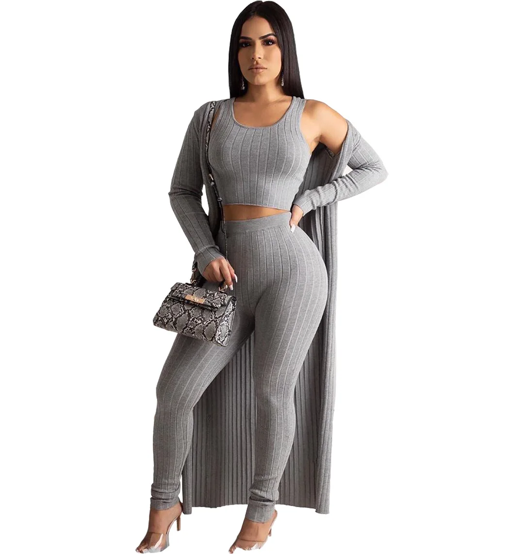 

Sexy Knit 3 Piece Set Women Tracksuit Fall Winter Outfits Clothing Long Cardigan+crop Top+Pant Sweat Suits Matching Sets