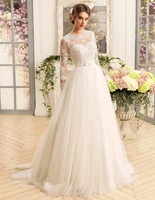 2021 new elegant long sleeve wedding dresses o neck lace a line tulle bridal gown applique robe mariee