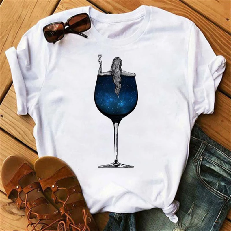 

Female Short Sleeve Tops Tee Women Blue Wine Glasses Printed White T-Shirt Summer Casual Harajuku Ladies T Shirt