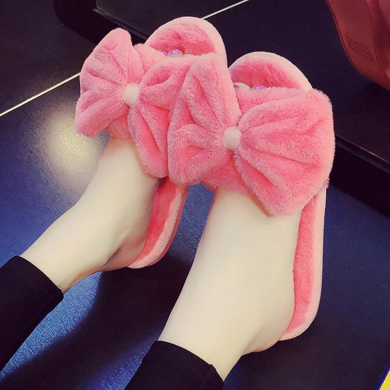 

Новинка 2020, модные зимние шерстяные тапочки, теплые домашние меховые тапочки, повседневная обувь с бантом
