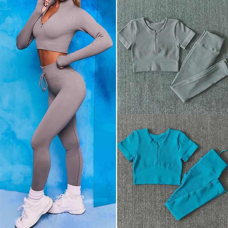 

Yoga Set Workout Seamless Women's Gym Clothing Sports Suits Fitness Short Sleeve Sport Bra+Hight Waist Leggings Sportswear Women
