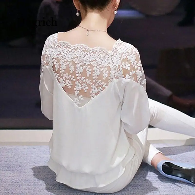 

NEW Ladies Girl Women 34 Sleeve Lace Hollow Casual Chiffon Blouse Crop Tops
