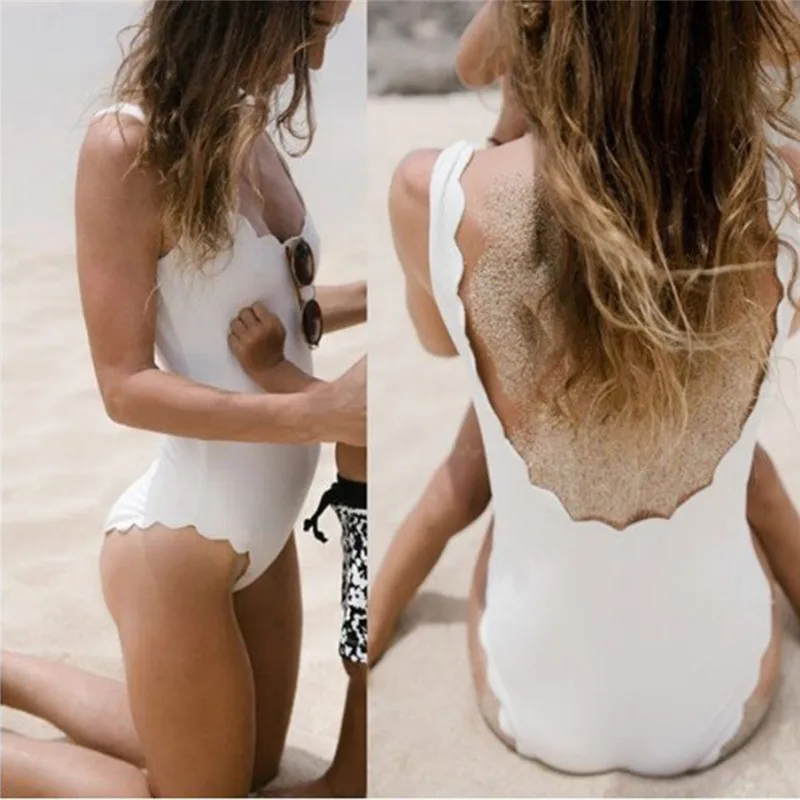 

New Women Sexy One-piece Beachwear Women Summer Wave Shape Wide Straps Swimsuit Solid Color