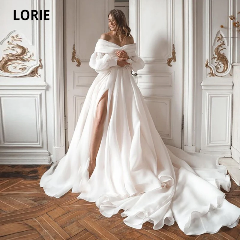 

Свадебное платье принцессы LORIE с открытыми плечами, складками и длинными рукавами-фонариками, свадебные платья с разрезом сбоку, свадебное платье в стиле бохо, 2021