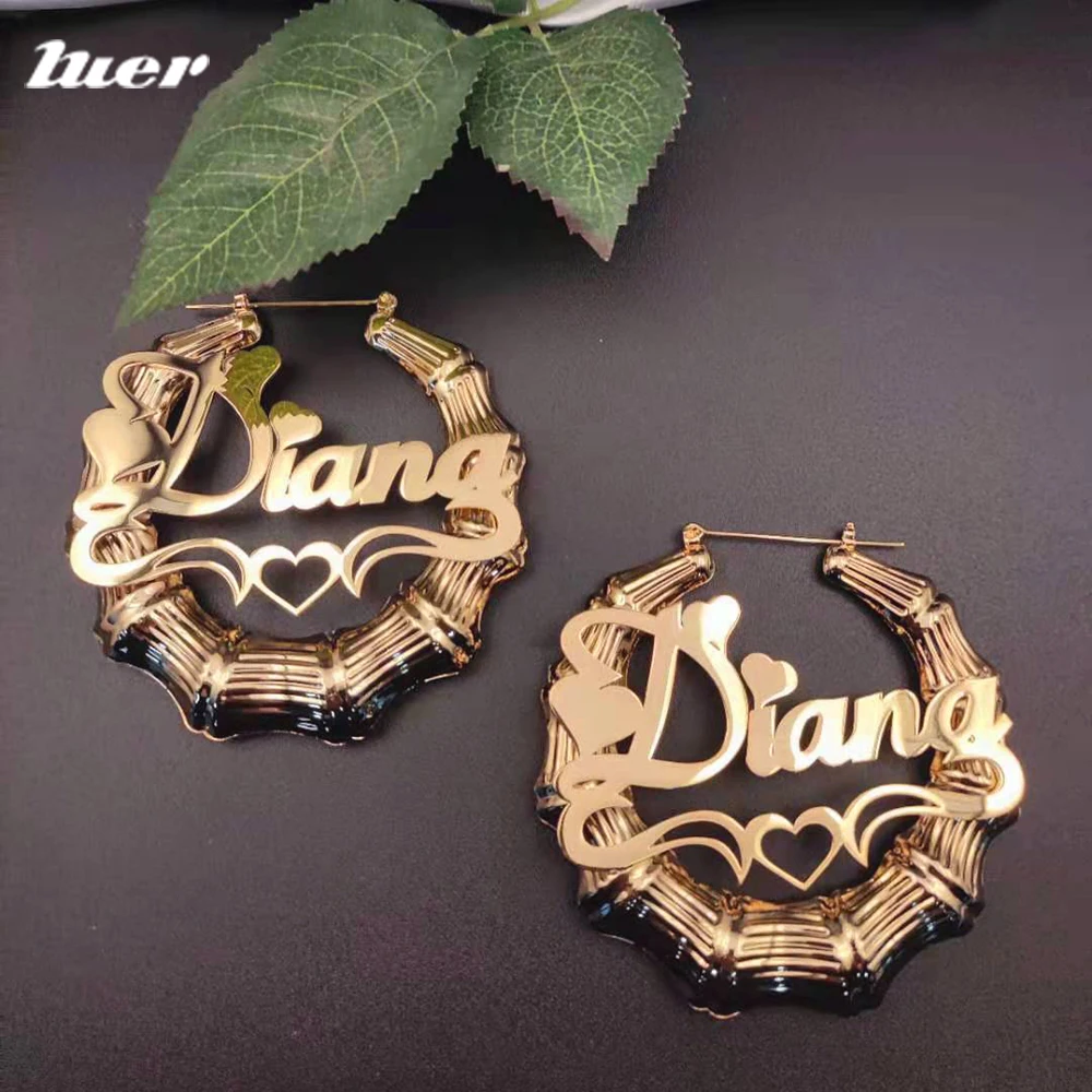 LUER Custom Name Hoop Earrings/With Heart-shaped Personality Stainless Steel Hiphop Bamboo Hoop Earring Gift Dropshipping