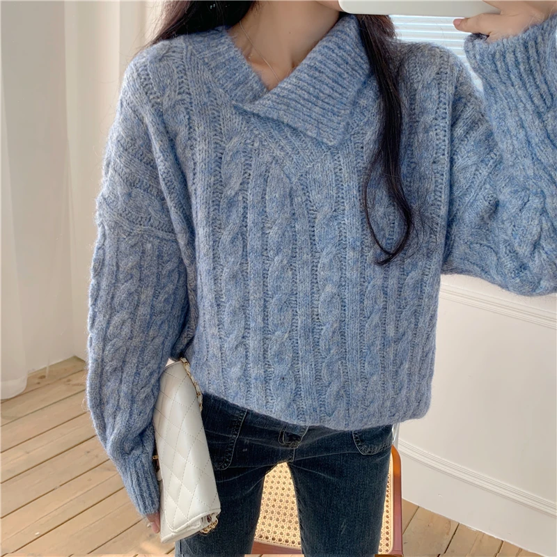 

Han edition with thick loose languid is lazy wind will ~ the new pure color sets v-neck sweater female twist joker outside wear