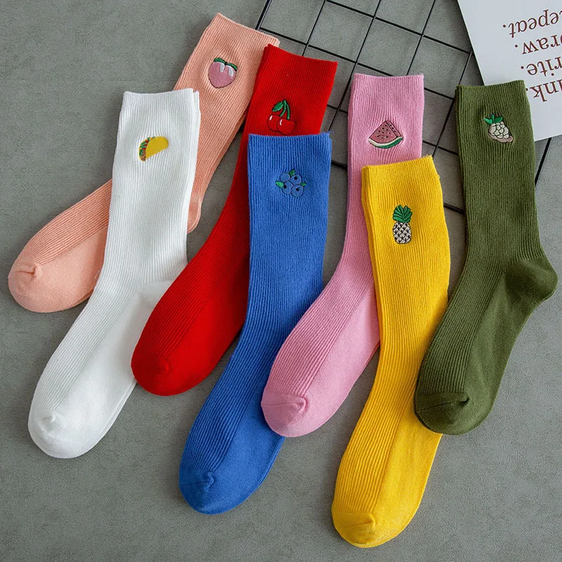 

New Spring And Autumn Breathable Cotton Personality Adult Socks Fruit Embroidery Cotton Socks Jacquard Women sock