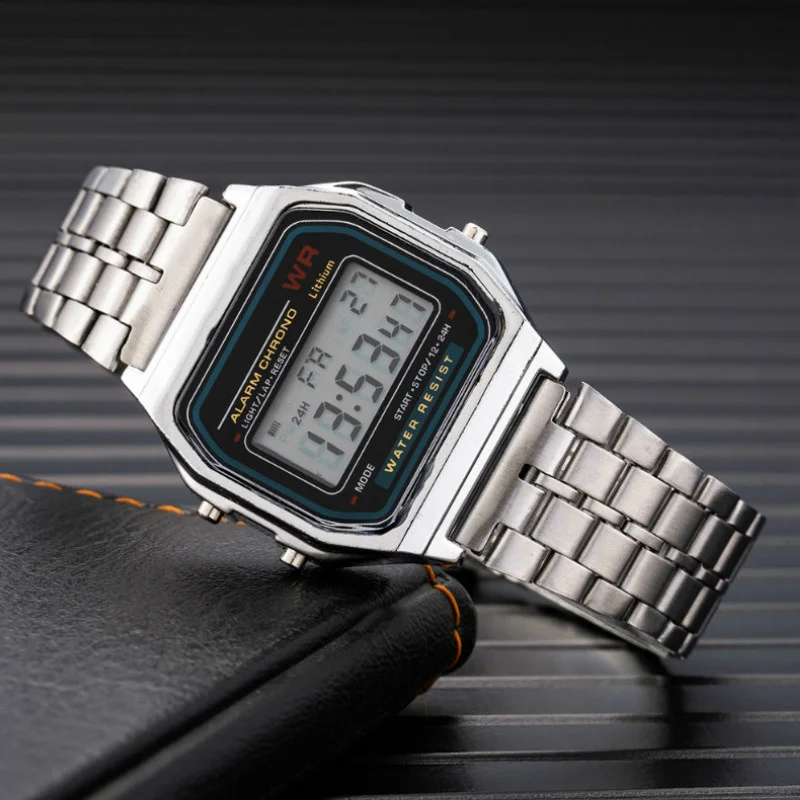 

Simple retro female watches all the metal digital wristwatches fashion hot style neutral steel band led clock to man