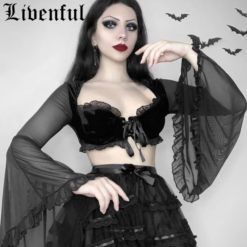 

Женская футболка с глубоким V-образным вырезом Goth, винтажная Облегающая майка с кружевными сетчатыми рукавами, в стиле Харадзюку