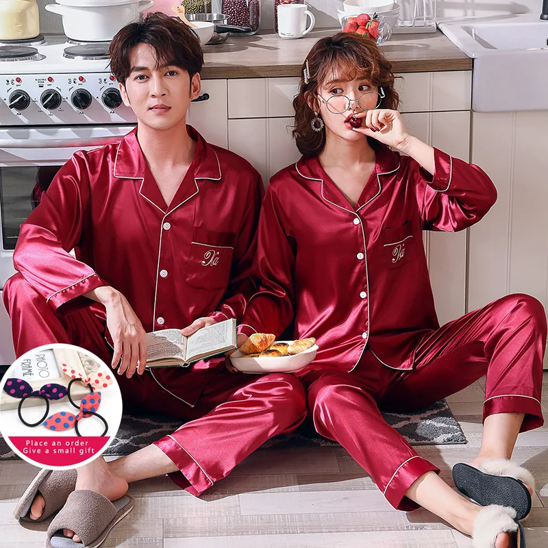 

Однотонный Пижамный костюм для пар, шелковые пижамные комплекты, одежда для сна для пар, семейная Пижама, костюм для влюбленных, мужская и Но...