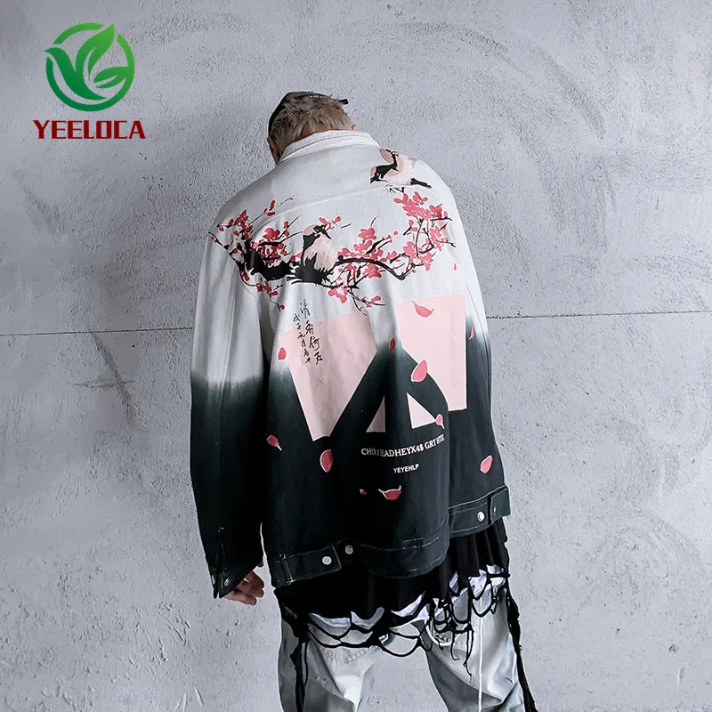 2019 Denim Shirt Male Female Jacket Men Casual Fashion Oversized Color Gradient Anti-War Bird Print Coat | Мужская одежда