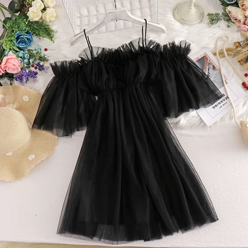 

Mesh Fairy Dress Women Sundress Summer Spaghetti Stap Slip Elegant Off Shoulder Black Dress Sweet Kawaii Cute 2021 Fashion
