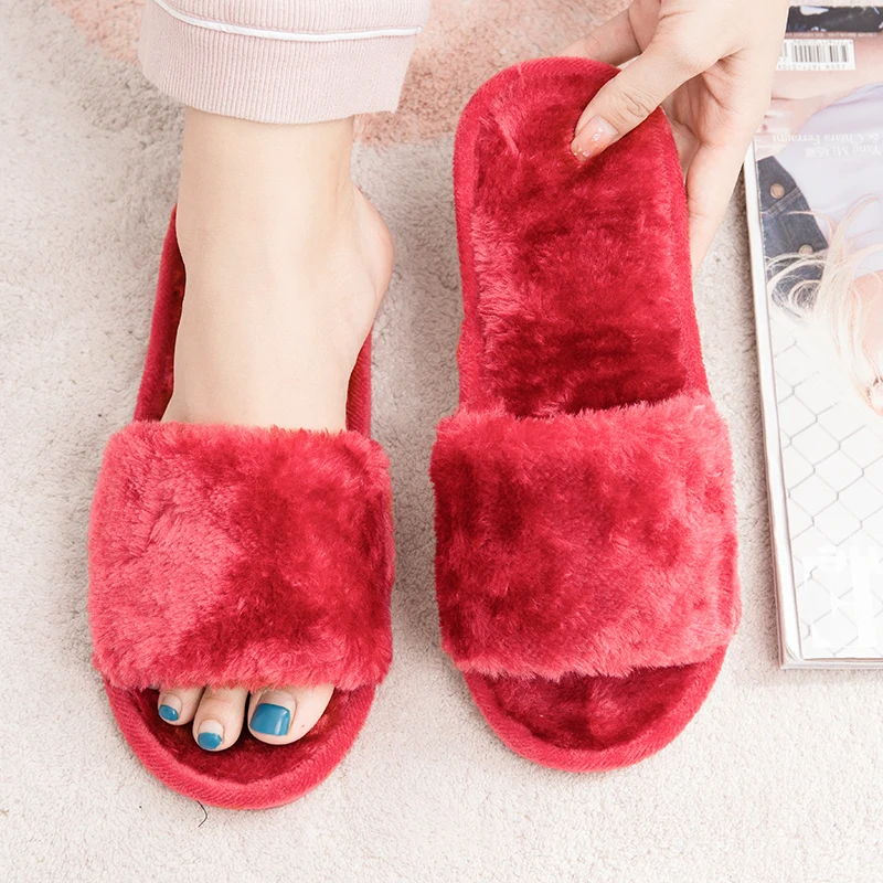 Chaussure Femme 2021 Winter Women Faux Fur Slippers Warm Fluffy Furry Cross Strap Home Indoor Shoes Footwear House Non Slip