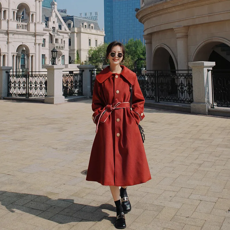 

Шерстяное пальто для женщин средней длины, Осень-зима, свободное, темпераментное, утолщенное, однобортное, прямое, тип трубы, плащ, красное ш...