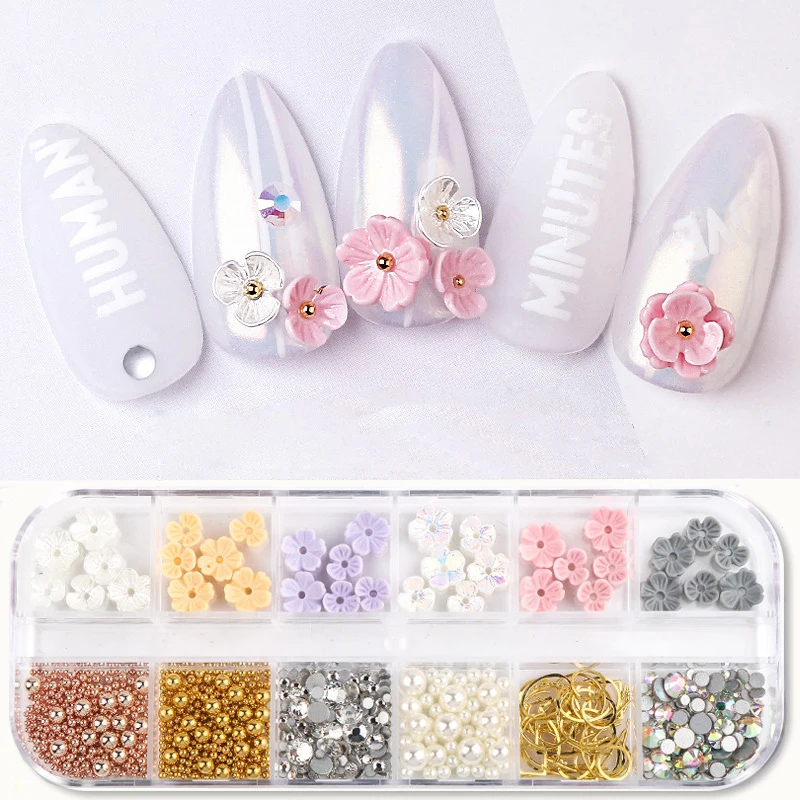 1 коробка жемчужный цветок металл смешанный размер 3D дизайн ногтей украшения