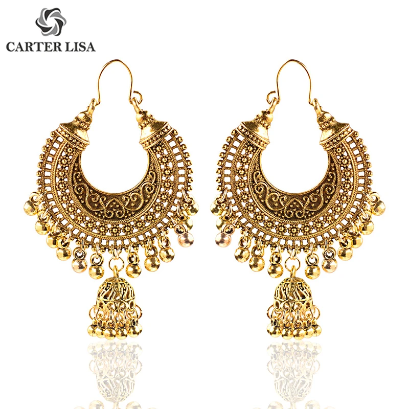 CARTER LISA этнические антикварные длинные золотые Jhumkas цыганские колокольчики Boho Винтажные висячие серьги для женщин цыганские украшения Oorbellen