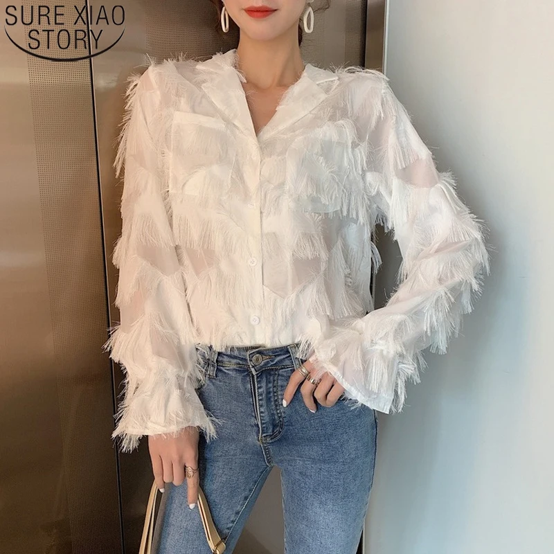 

Новинка, весенние Рубашки, винтажная блузка, женские белые блузки с длинным рукавом, рубашка в гонконгском стиле с пуговицами и перьями, шиф...