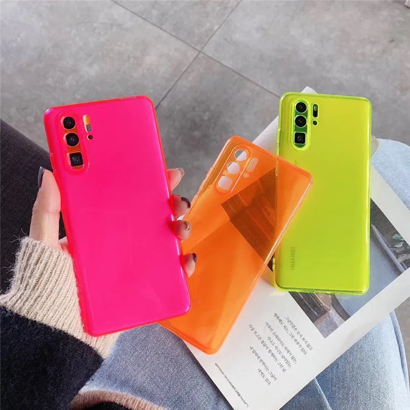 

Neon Fluorescent Color Phone Case For Huawei P30 Lite P30 P20 Pro P40 Lite Mate 30 lite Honor 20 Pro silicone Transparent Cover
